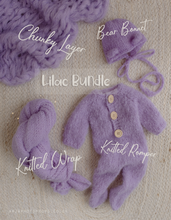 Baby newborn knitted romper, bear bonnet, wrap, layer, dusky blue, made to order