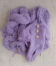Baby newborn knitted romper, bear bonnet, wrap, layer, dusky blue, made to order