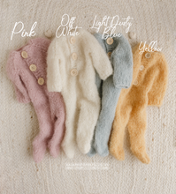Load image into Gallery viewer, Baby newborn knitted footed romper and hat, soft yellow, pom pom, Made to order