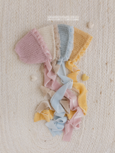 Load image into Gallery viewer, Baby newborn knitted footed romper and hat, soft yellow, pom pom, Made to order