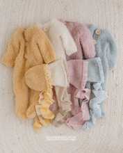 Load image into Gallery viewer, Baby newborn knitted footed romper and hat, soft yellow, pom pom, Made to order