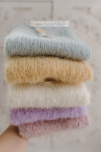 Load image into Gallery viewer, Baby newborn knitted footed romper and hat, soft yellow, pom pom, Made to order