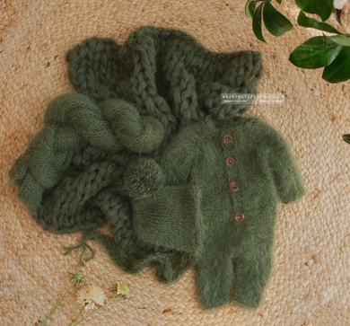 Baby newborn knitted romper, bonnet, wrap, layer, dark green, RTS