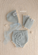 Baby newborn bear bonnet, leg warmers, bloomers set, dusty light blue, lace, Made to order