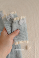 Baby newborn bear bonnet, leg warmers, bloomers set, dusty light blue, lace, Made to order