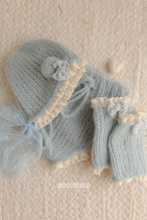Baby newborn bear bonnet, leg warmers, bloomers set, dusty light blue, lace, Made to order