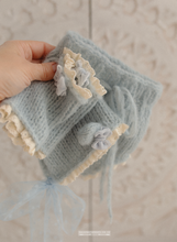 Baby newborn bear bonnet, leg warmers, bloomers set, dusty light blue, lace, Made to order