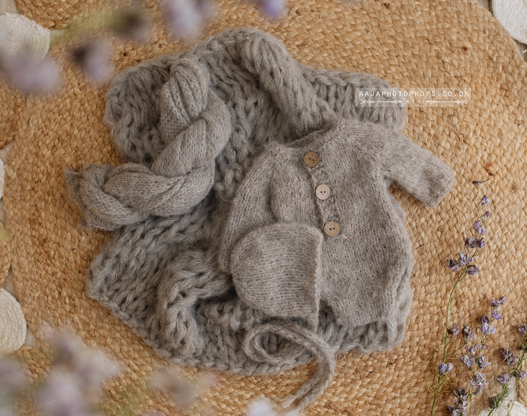 Baby newborn knitted romper, bonnet, wrap, layer, natural, taupe grey, RTS