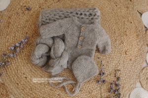 Baby newborn knitted romper, bonnet, wrap, layer, natural, taupe grey, RTS