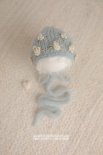 Baby newborn bonnet embroidered, dusty light blue, pastel, white flowers,  RTS