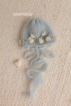 Baby newborn bonnet embroidered, dusty light blue, pastel, white flowers,  RTS