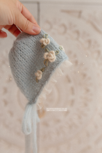 Baby newborn bonnet embroidered, dusty light blue, pastel, white flowers,  RTS