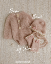Load image into Gallery viewer, Baby newborn knitted romper and bear bonnet set, dusky blush pink, made yo order