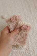Load image into Gallery viewer, Baby newborn knitted romper and bear bonnet set, dusky blush pink, made yo order