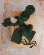 Newborn baby knitted Long wrap, hat, bonnet set, dark green, Made to order