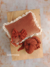 Newborn Posing pillow, stretch wrap, bow, orange rust, ruffle, velvet, lace, boho, RTS
