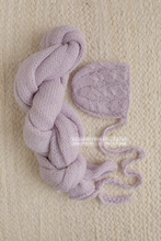 Baby newborn girl Knitted bonnet and Xtra Long wrap, Pastel lilac, made to order