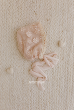 Baby girl newborn bonnet, pale blush pink flowers, boho, vintage, RTS