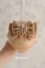 Baby newborn girl velvet bow tieback, double, beige, taupe, plush, soft, RTS