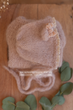 Baby newborn knitted romper, bear bonnet, wrap, layer, dusky blue, made to order