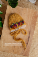 Baby newborn bonnet embroidered, mustard yellow, flowers, RTS