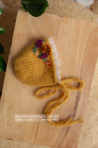 Baby newborn bonnet embroidered, mustard yellow, flowers, RTS