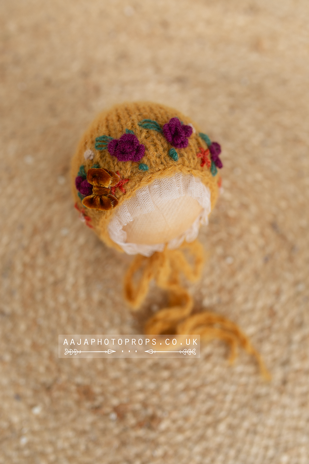 Baby newborn bonnet embroidered, mustard yellow, flowers, RTS