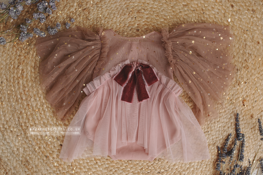 6-12 months size girl dusty pink romper, brown, star, boho, RTS