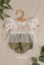 Newborn baby girl romper, vintage, pastel olive green, off white, boho, RTS