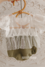 Newborn baby girl romper, vintage, pastel olive green, off white, boho, RTS