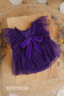 Newborn baby girl romper, vintage, purple, frilly, velvet bow, made to order