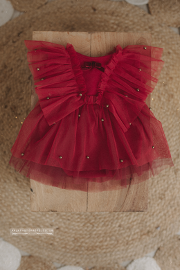 Newborn baby girl romper, vintage, red, boho, frilly, metal pearl beads, made to order