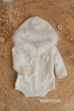 Vintage style hooded eskimo romper, 9-12 months size, Ivory, cream, boho, made to order