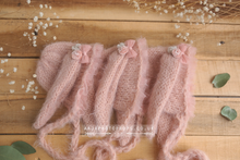 Blush pink baby newborn bunny bonnet, velvet flowers, made to order
