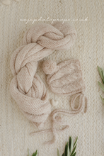 Baby newborn Knitted bonnet and wrap, light beige, made to order