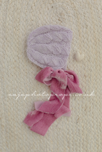 Knitted Baby newborn bonnet, lilac pink, velvet ties, made to order