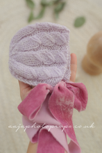 Knitted Baby newborn bonnet, lilac pink, velvet ties, made to order