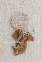 Knitted Baby newborn bonnet, beige, velvet ties, RTS