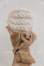 Knitted Baby newborn bonnet, beige, velvet ties, RTS