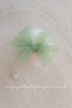 Baby newborn sitter girl bow tieback, sage, light green, RTS