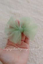 Baby newborn sitter girl bow tieback, sage, light green, RTS