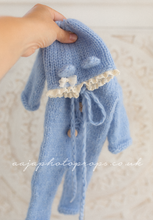 Baby newborn knitted romper and bear bonnet, off white, made to order
