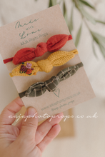 Baby newborn girl bow tiebacks set of 3, rust orange, green, mustard yellow, RTS