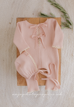 Newborn baby girl romper and bonnet, vintage, blush pink, lace, bows, RTS