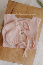 Newborn baby girl romper and bonnet, vintage, blush pink, lace, bows, RTS