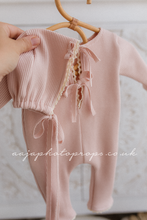 Newborn baby girl romper and bonnet, vintage, blush pink, lace, bows, RTS