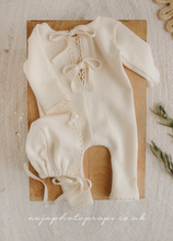 Newborn baby girl romper and bonnet, vintage, cream, lace, bows, made to order