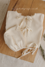 Newborn baby girl romper and bonnet, vintage, cream, lace, bows, made to order