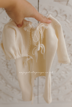 Newborn baby girl romper and bonnet, vintage, cream, lace, bows, made to order