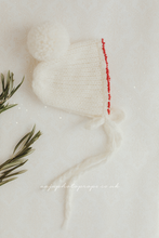 Knitted Baby newborn bonnet, beads, creamy off white, Christmas, red, RTS